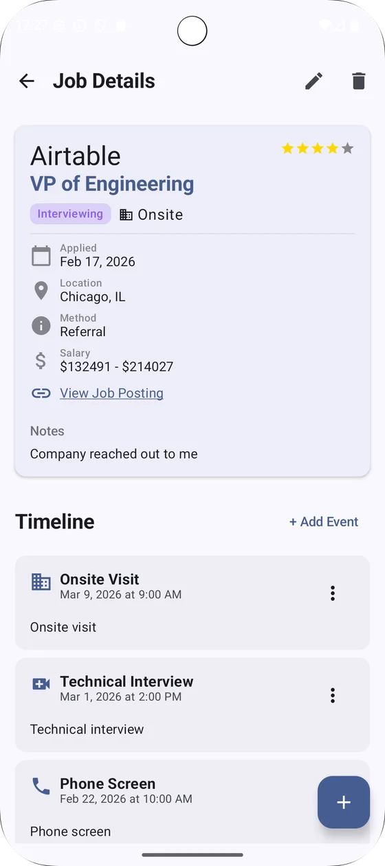 Job details screen showing application date, location, salary range and a timeline of onsite visit, technical interview and phone screen events
